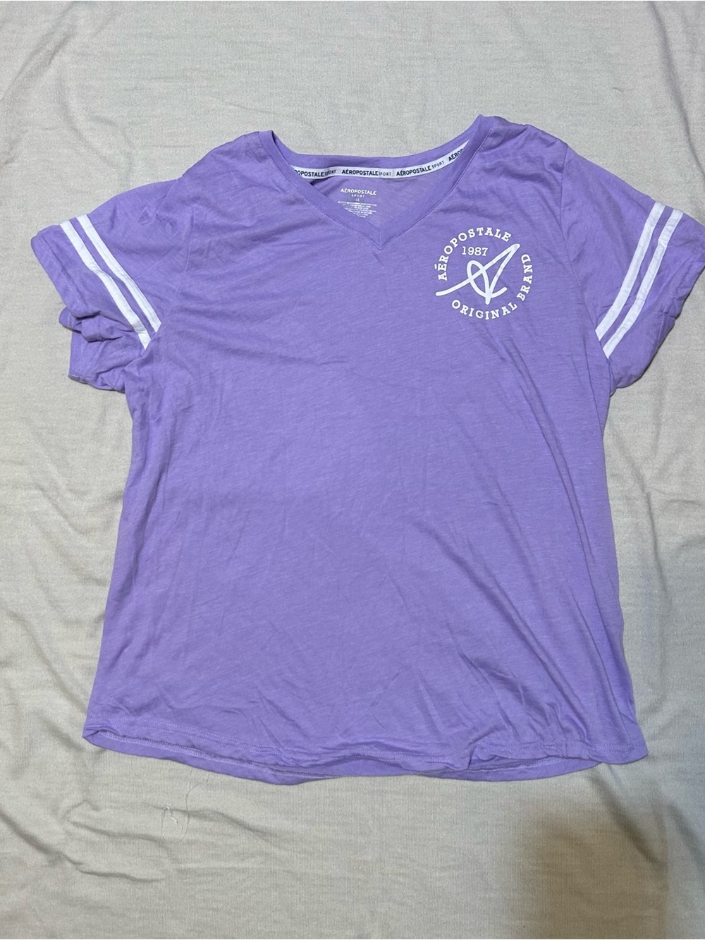 Aeropostale Lavender V-Neck Tee with White Sleeve Stripes